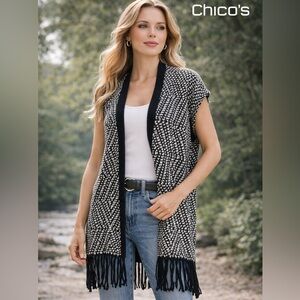Chico’s Black White Fringe Sweater Vest Open Front Duster Boho Textured NWT